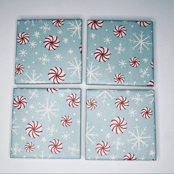 Cup Coasters, Drink Coasters, Ceramic Tile Coasters, Peppermint, Snowflakes - Picture 2 of 3